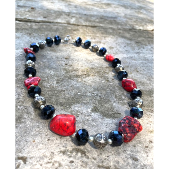 SALE Handmade Black Red Necklace - Howlite & Faceted Beads Statement Necklace - Picture 1 of 6